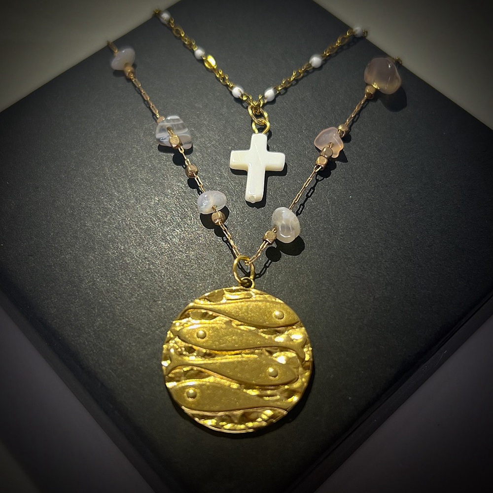 Spring/Summer 26’ Fish Medallion Natural Stone, White Enamel Beaded Chain - Picture 3 of 3